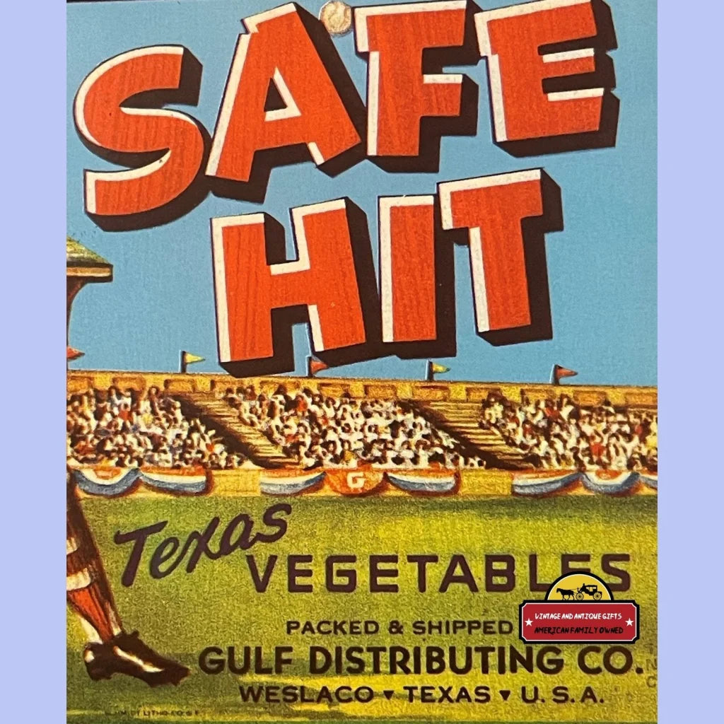 Vintage Safe Hit Baseball Crate Label, Weslaco, Tx 1950s