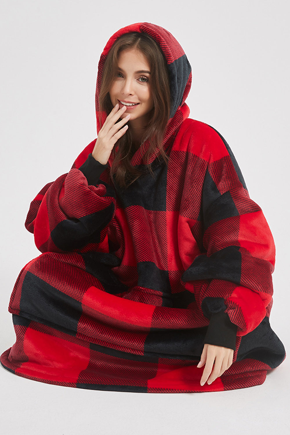 Plaid Hooded Oversize Fuzzy Lounge Dress - 1 LARGE OVERSIZE - T - 1 COLOR -