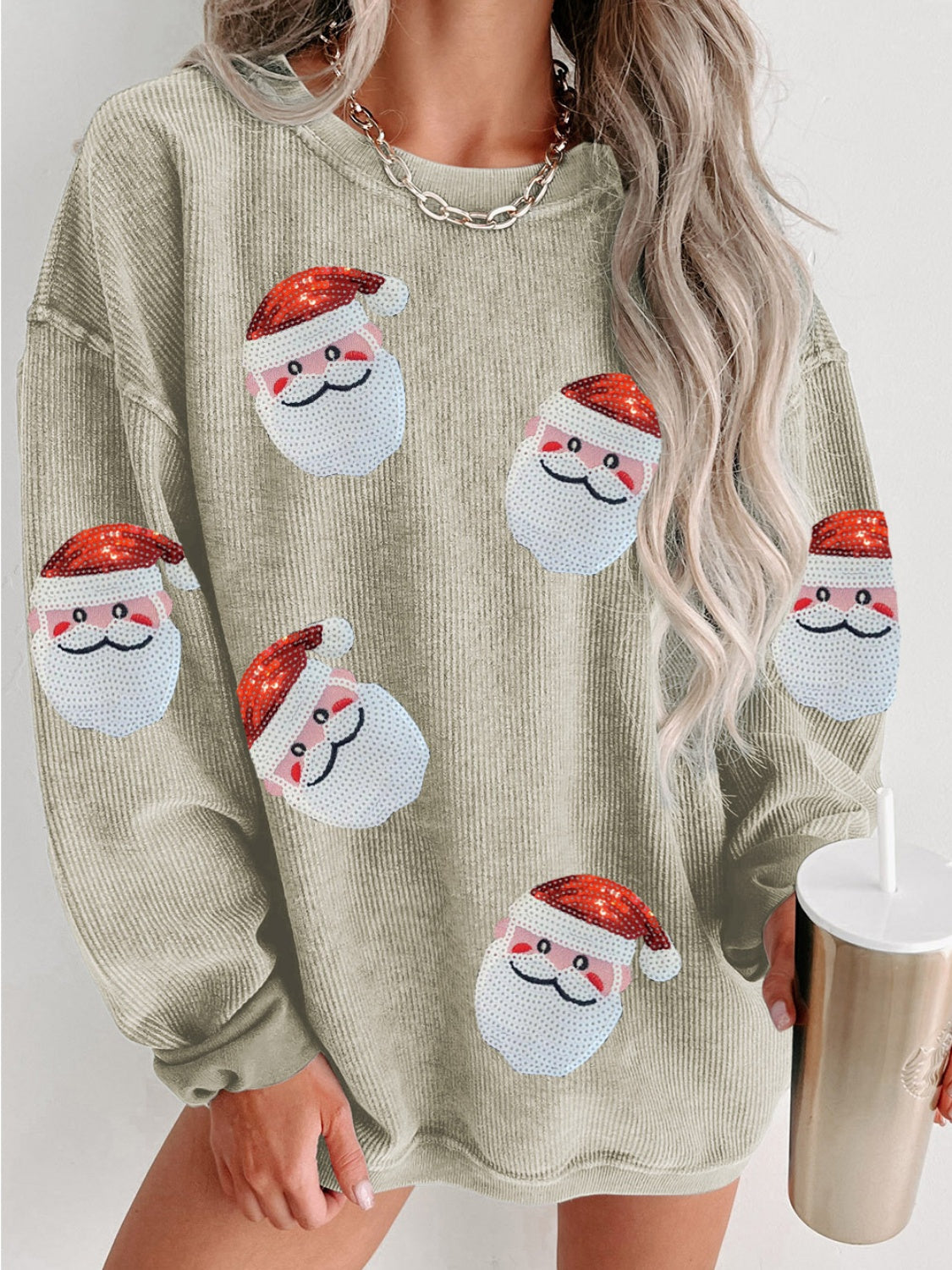 Sequin Santa Patch Ribbed Sweatshirt - T - 2 COLORS -