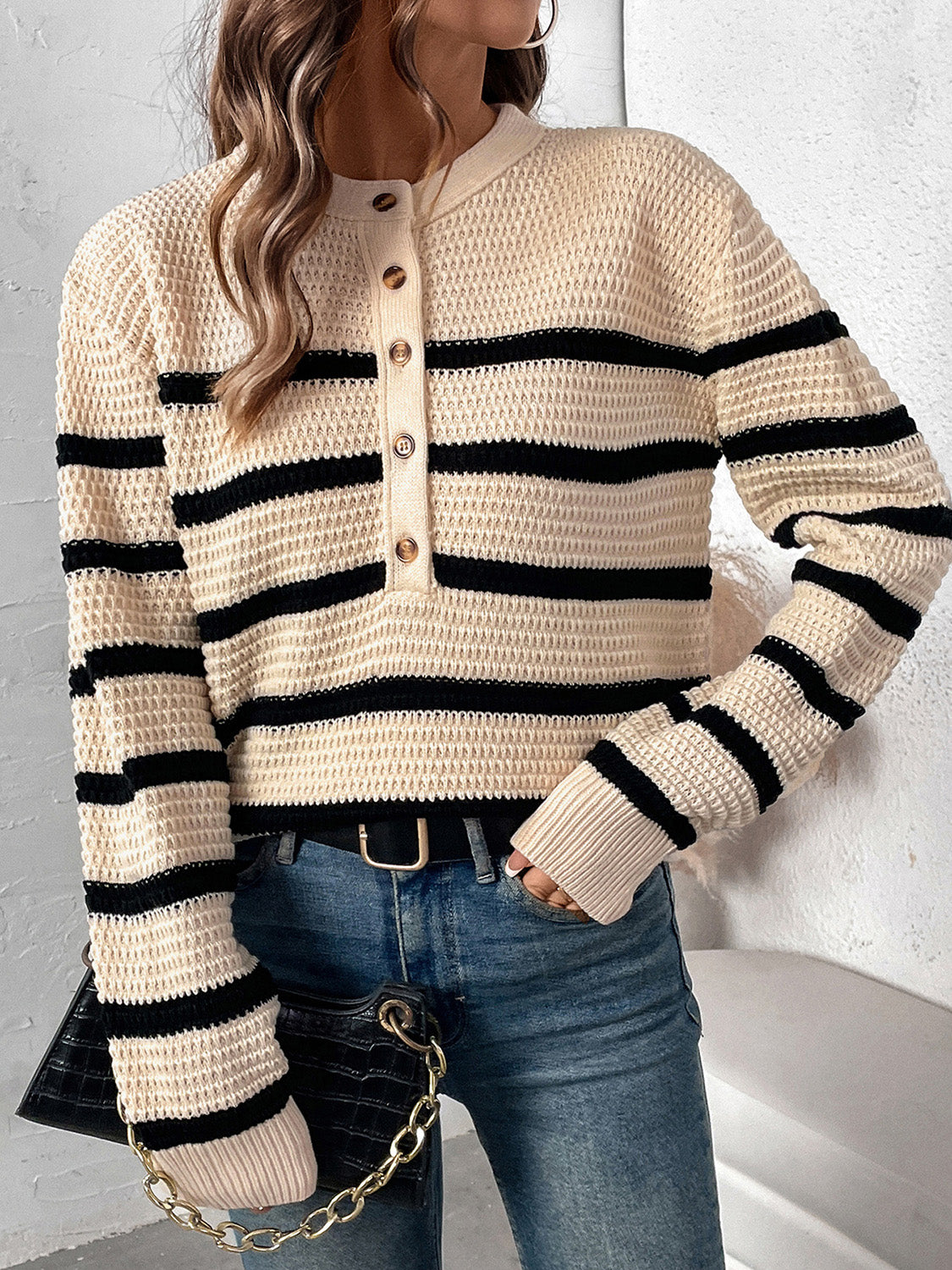 Perfee Striped Half Button Long Sleeve Sweater - T - 1 COLOR -