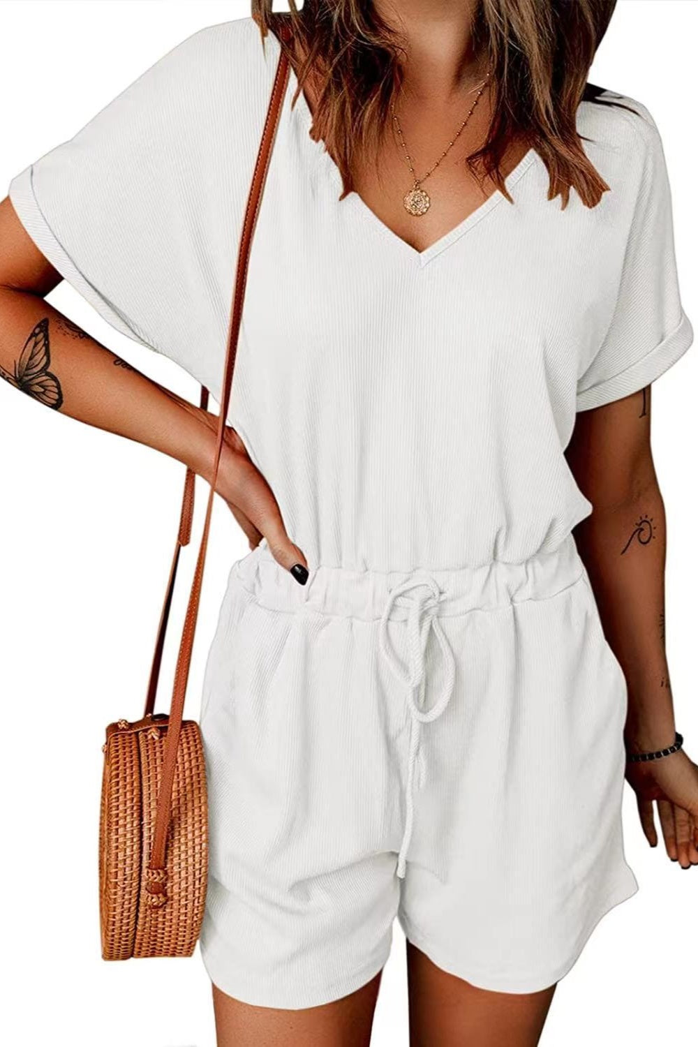 Full Size Drawstring V-Neck Short Sleeve Romper - T - 7 COLORS -