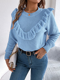 Thumbnail for Ruffled Round Neck Long Sleeve Sweater - T - 1 COLOR -