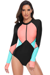 Thumbnail for Color Block Half Zip Long Sleeve One-Piece Swimwear - T - 1 COLOR -