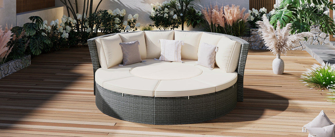 Patio 5-Piece Round Rattan Sectional Sofa Set All-Weather PE Wicker Sunbed Daybed With Round Liftable Table and Washable