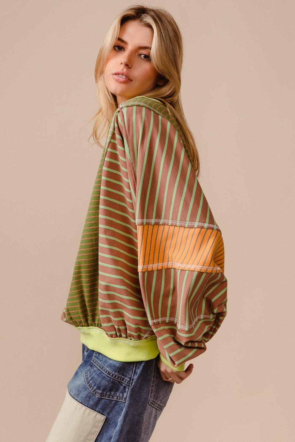 BiBi Color Block Striped Round Neck Sweatshirt - T - 1 COLOR -