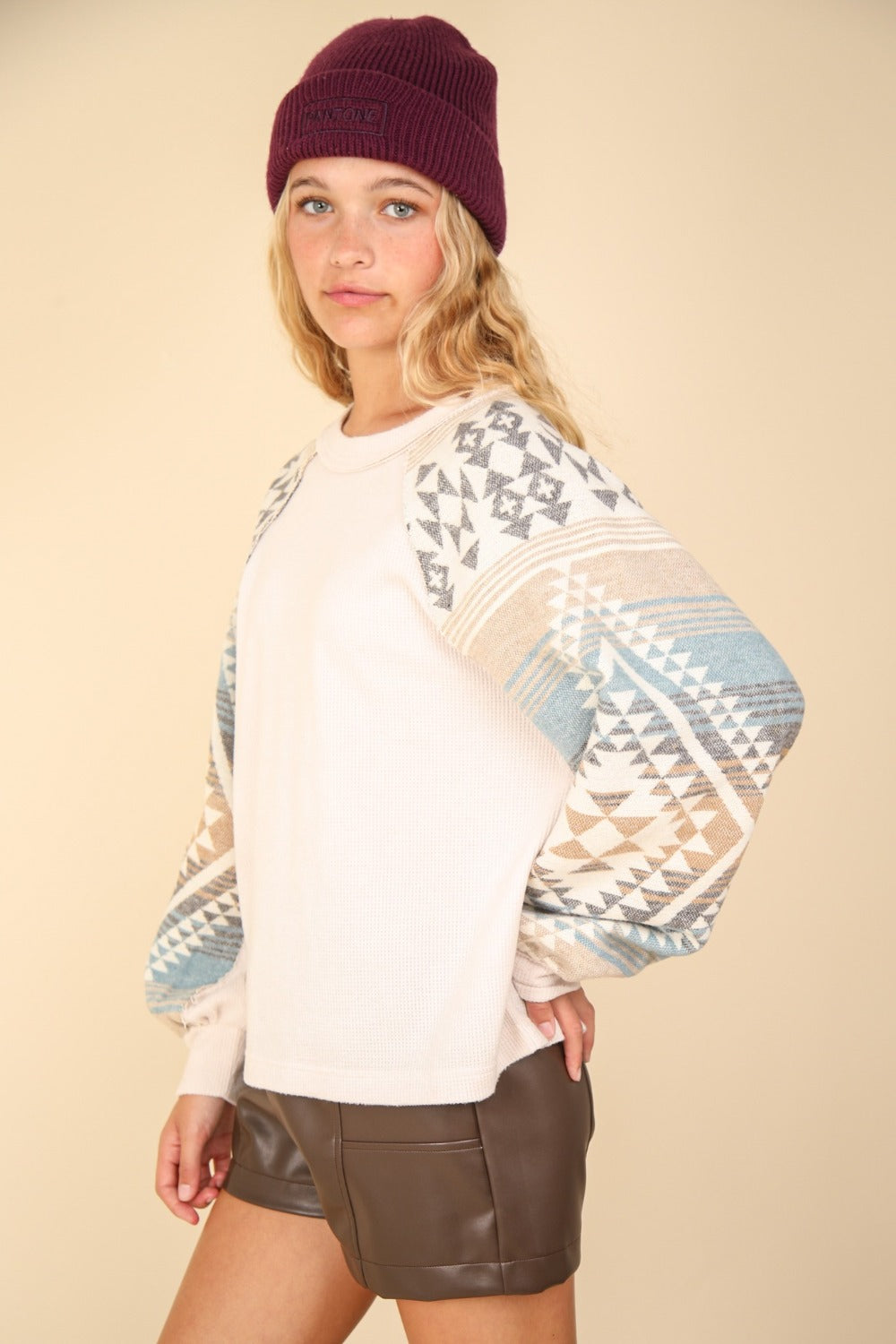 VERY J Printed Long Sleeve Round Neck Knit Top - T - 1 COLOR -