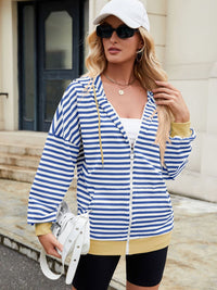 Thumbnail for Drawstring Striped Zip Up Long Sleeve Hoodie - T - 4 COLORS -