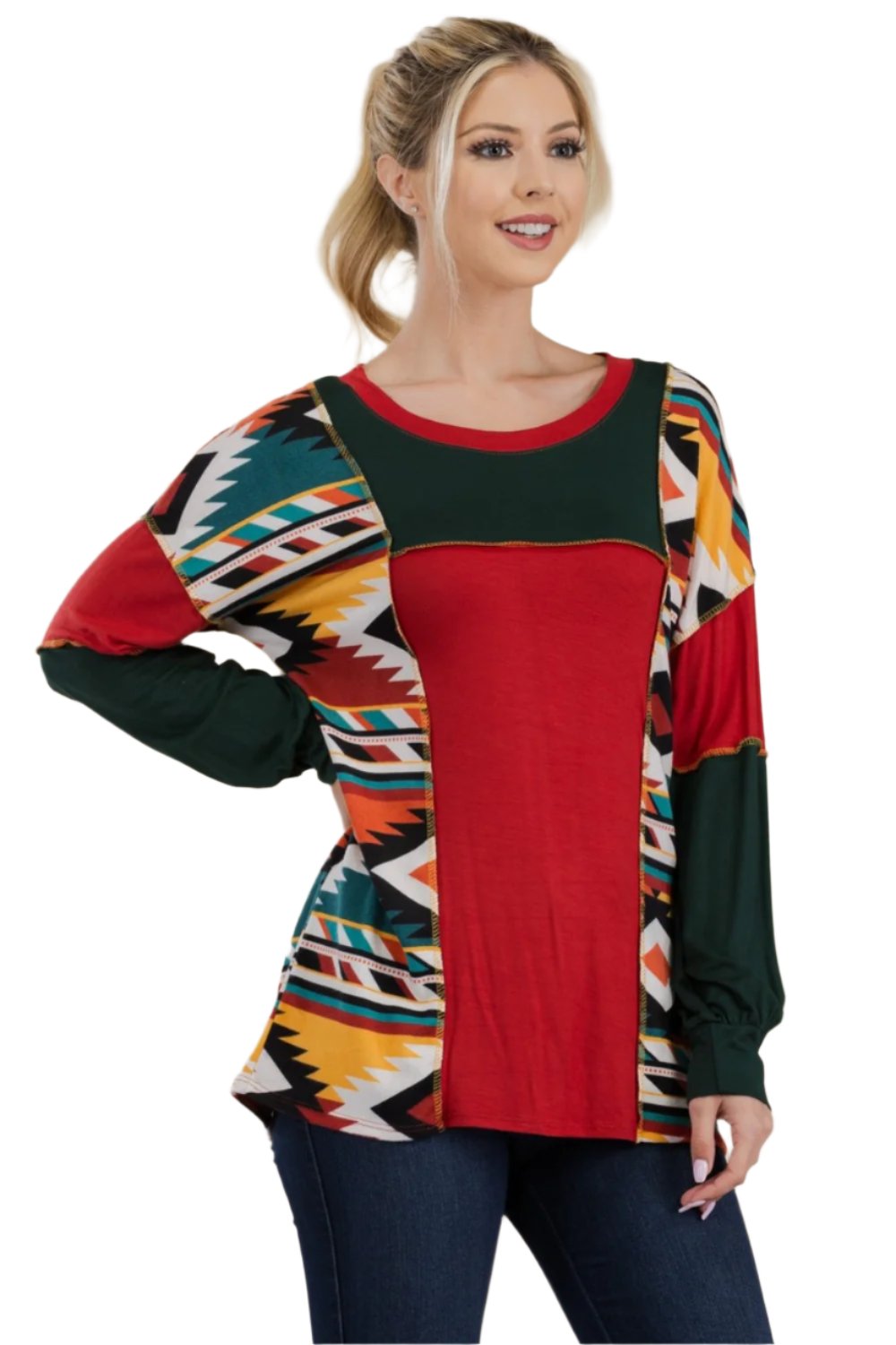 Celeste Full Size Exposed Seam Printed Color Block T-Shirt - T - 1 COLOR -