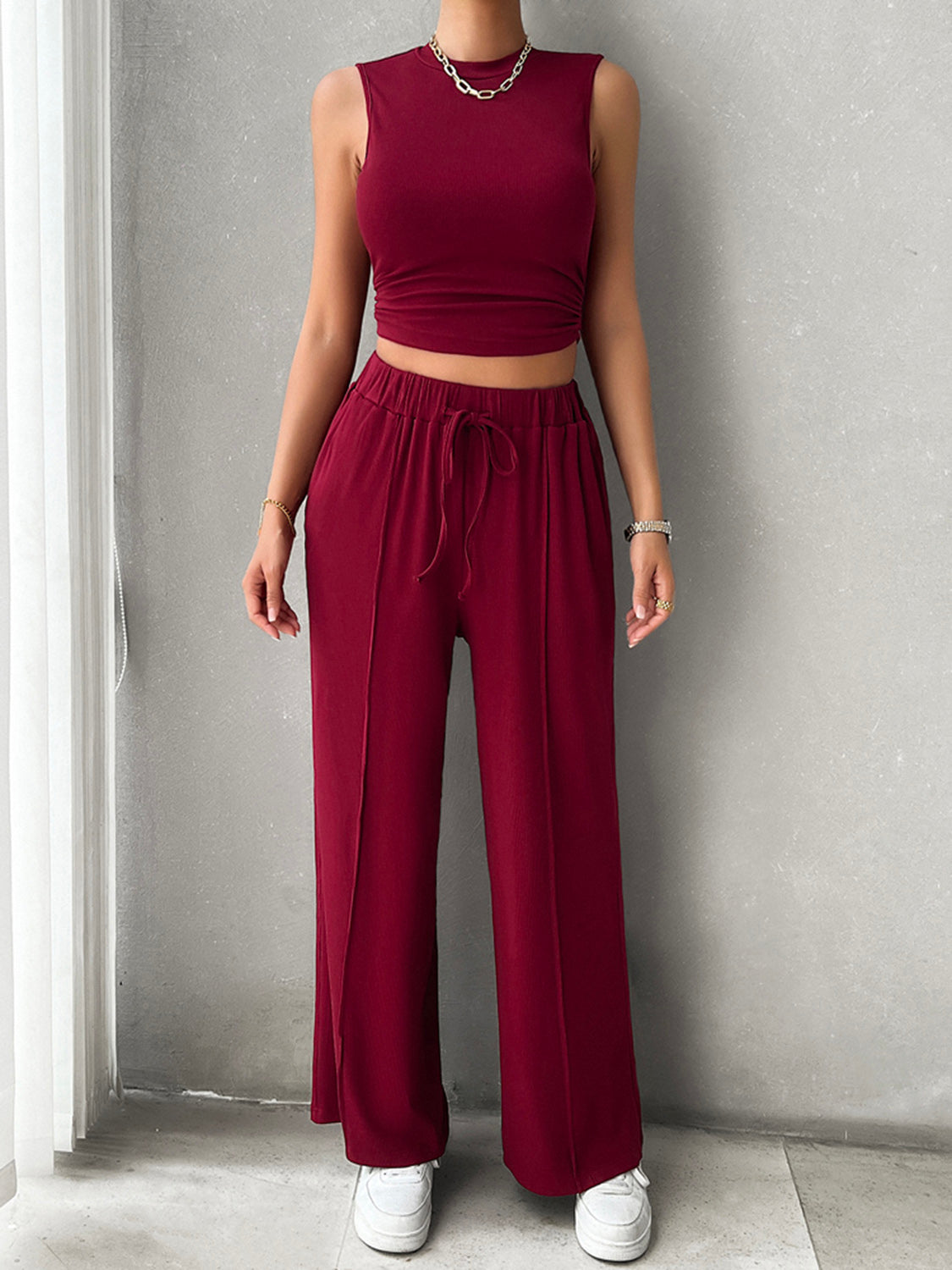 Mock Neck Sleeveless Top and Drawstring Pants Set - 2 PCS. - T - 5 COLORS -