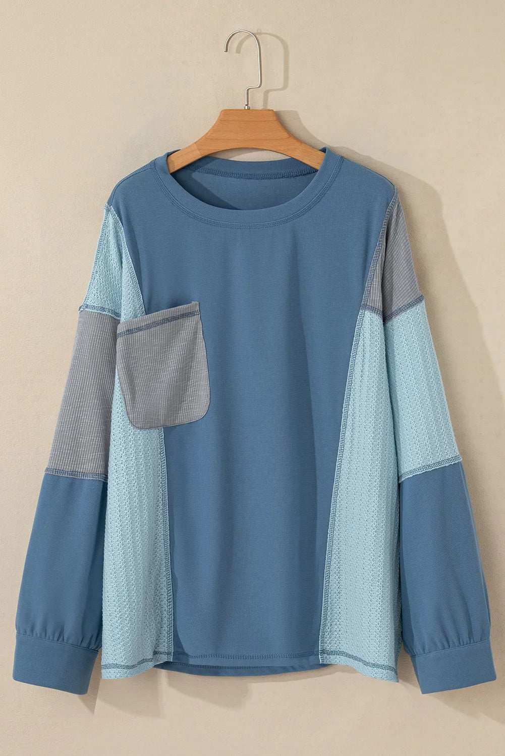 Patchwork Color Block Round Neck Long Sleeve Top - T - 1 COLOR -