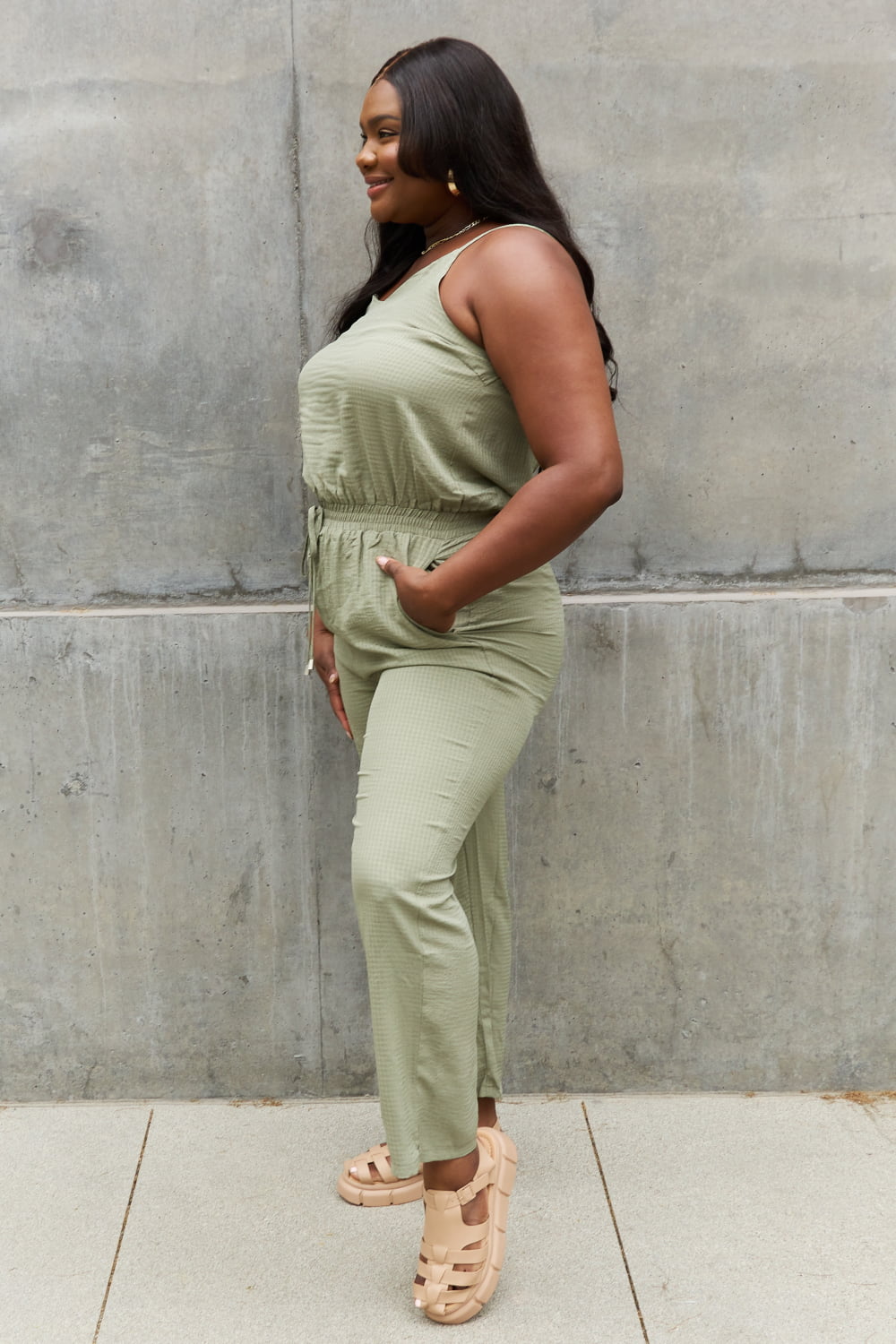 ODDI Full Size Textured Woven Jumpsuit in Sage - SIZES S THRU 3XL - 2 PCS. - T - 1 COLOR -