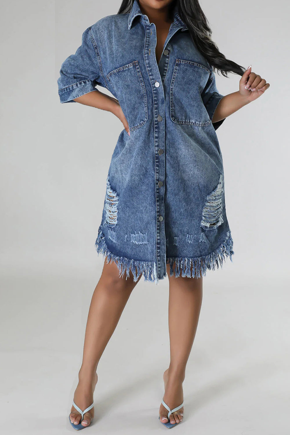 Distressed Raw Hem Button Up Denim Dress - T - LIGHT OR MEDIUM DENIM -