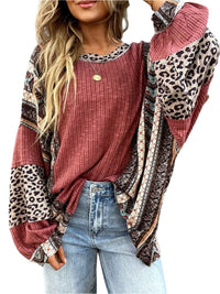 Thumbnail for Leopard Round Neck Long Sleeve Sweatshirt - T - 2 COLORS -