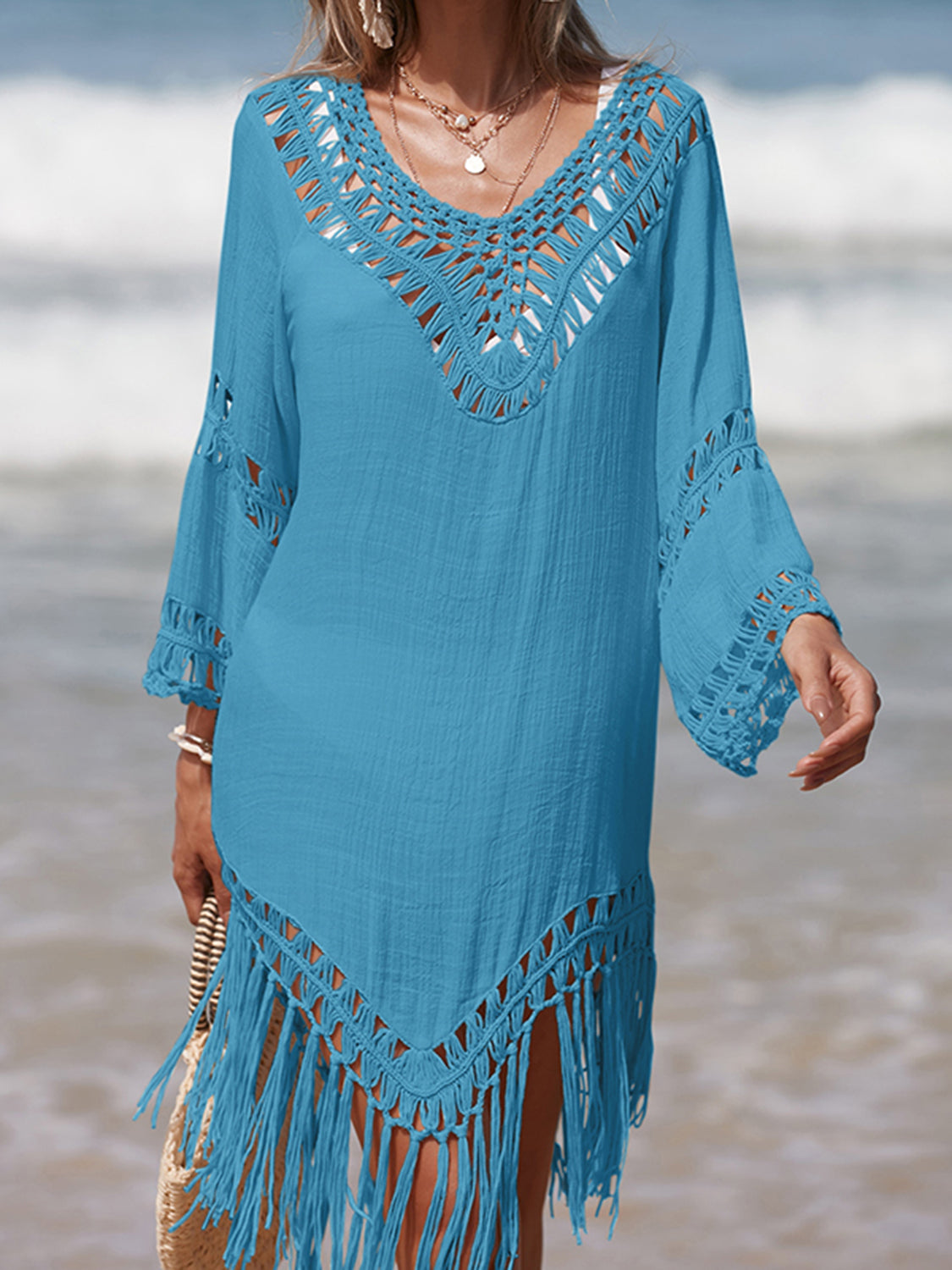 Cutout Fringe Scoop Neck Cover-Up - 1 SIZE FITS ALL - T - 5 COLORS -