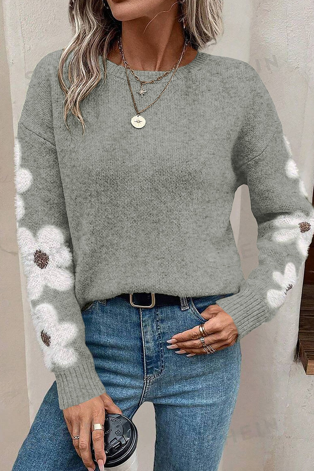 Flower Round Neck Long Sleeve Sweater - T - 5 COLORS -