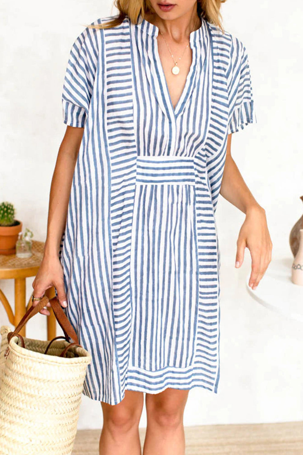 Striped Notched Short Sleeve Mini Dress - Beach or Everyday - T - 2 COLORS -