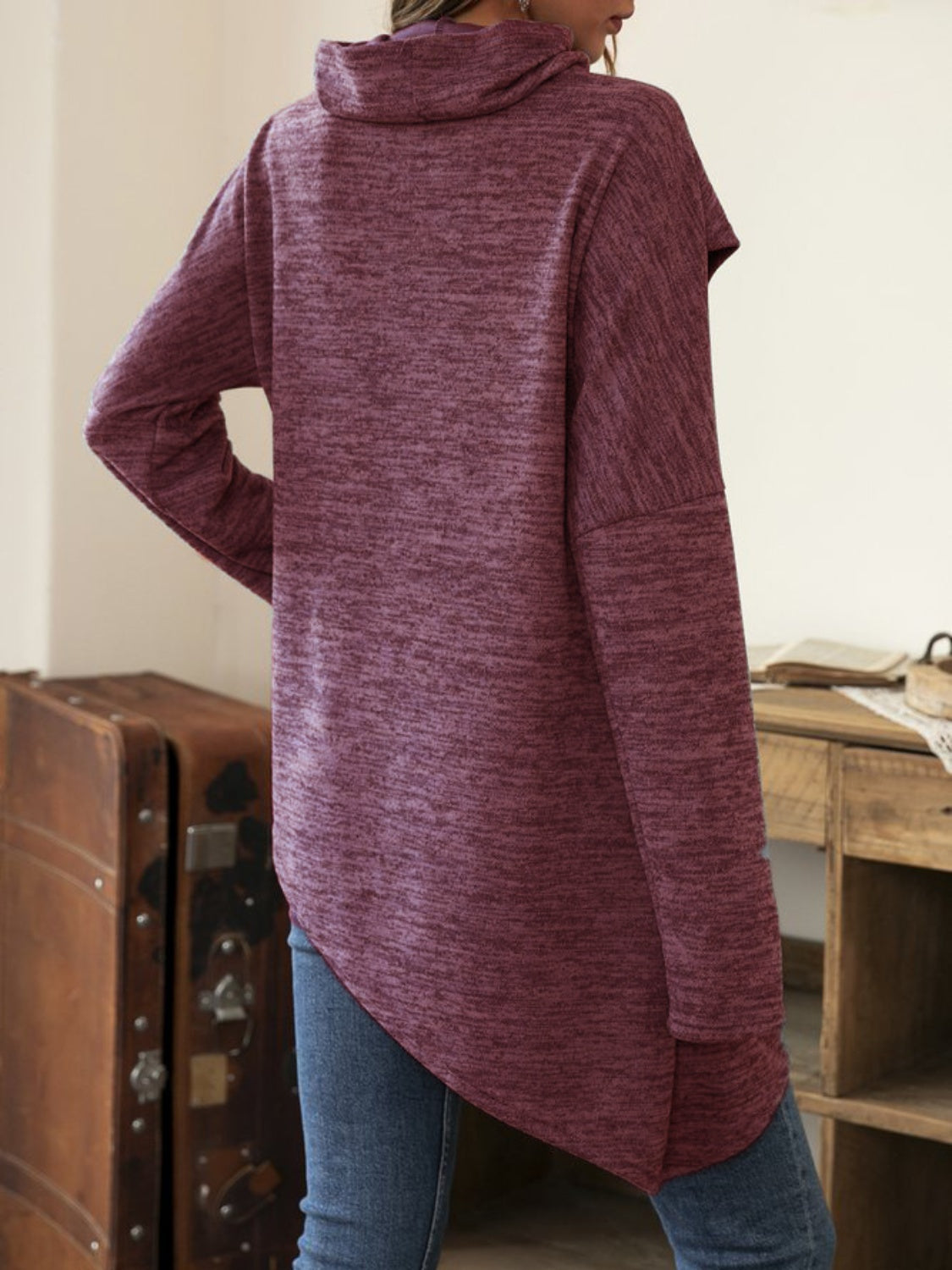 Asymmetrical Hem Cowl Neck Long Sleeve T-Shirt - T - 5 COLORS -