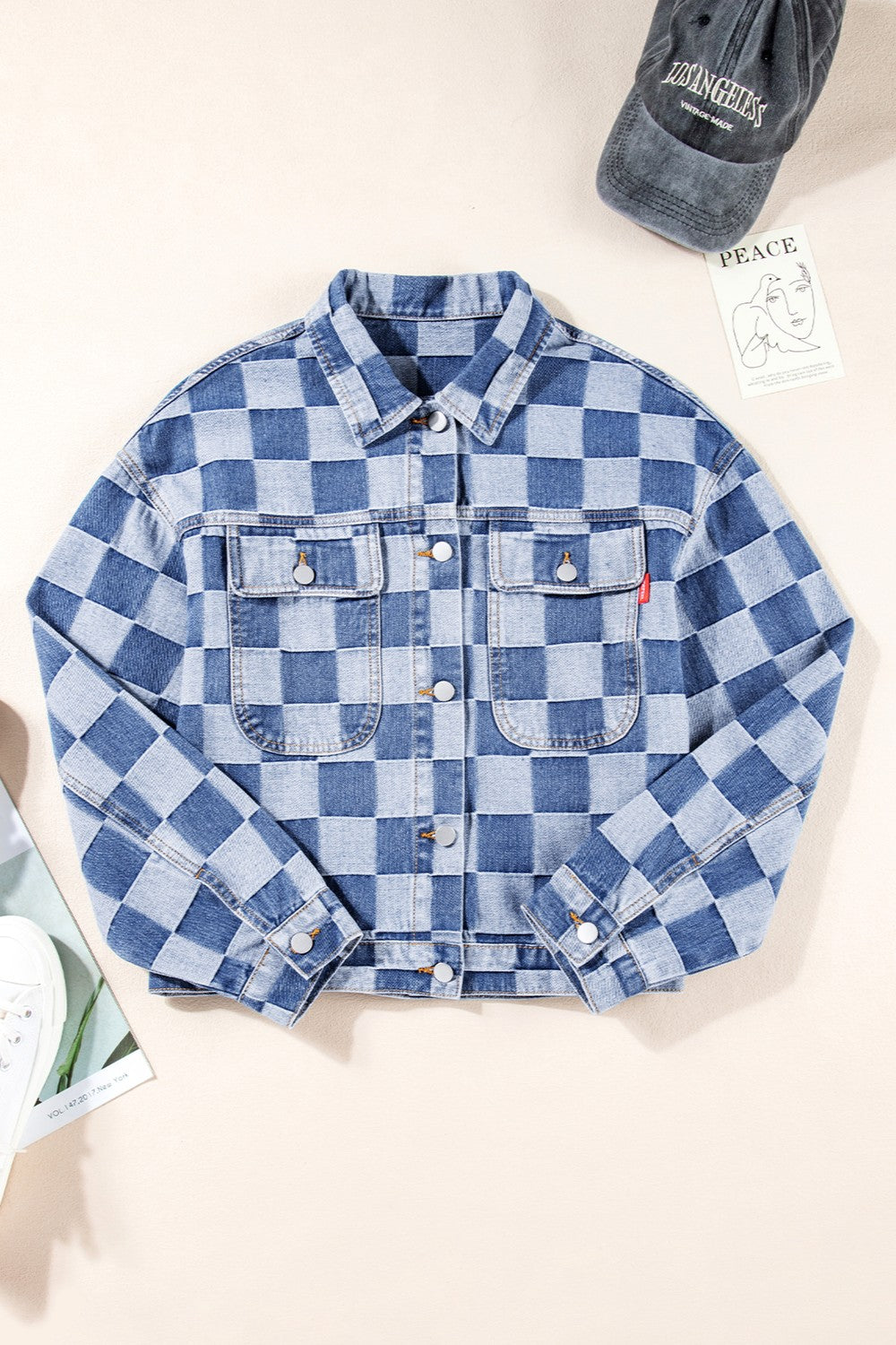 Checkered Button Up Long Sleeve Denim Jacket - T - 1 COLOR -