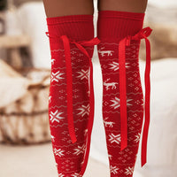 Thumbnail for Christmas Element Bowknot Ribbed Trim Over Knee Stockings