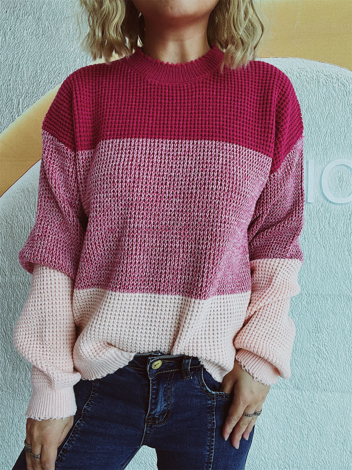 Color Block Long Sleeve Sweater - T - 3 COLORS -