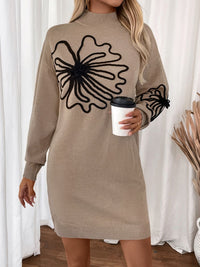 Thumbnail for Perfee Flower Mock Neck Long Sleeve Sweater Dress - PAIR WITH LEGGINGS! - T - 1 COLOR -