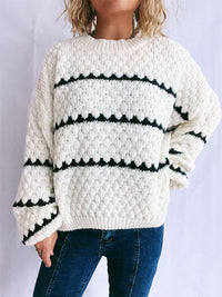 Thumbnail for Contrast Stripes Round Neck Long Sleeve Sweater - T - 2 COLORS -