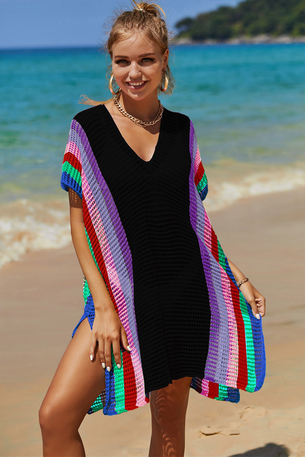 Openwork Striped Slit Knit Cover Up - 1 SIZE FITS ALL - T - 4 COLORS -