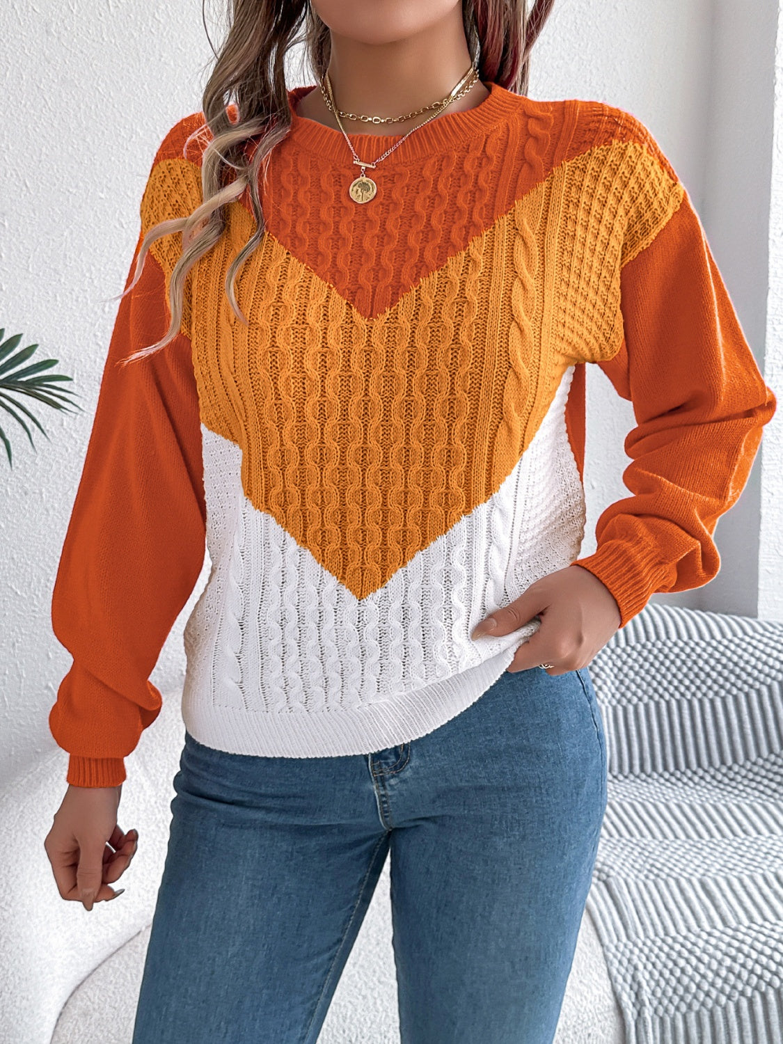 Contrast Round Neck Long Sleeve Sweater - T - 3 COLORS -