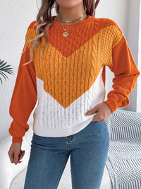 Thumbnail for Contrast Round Neck Long Sleeve Sweater - T - 3 COLORS -