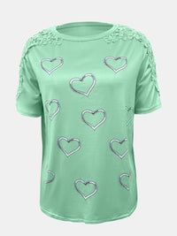 Thumbnail for Full Size Lace Detail Heart Round Neck Short Sleeve Top - T - 5 COLORS -