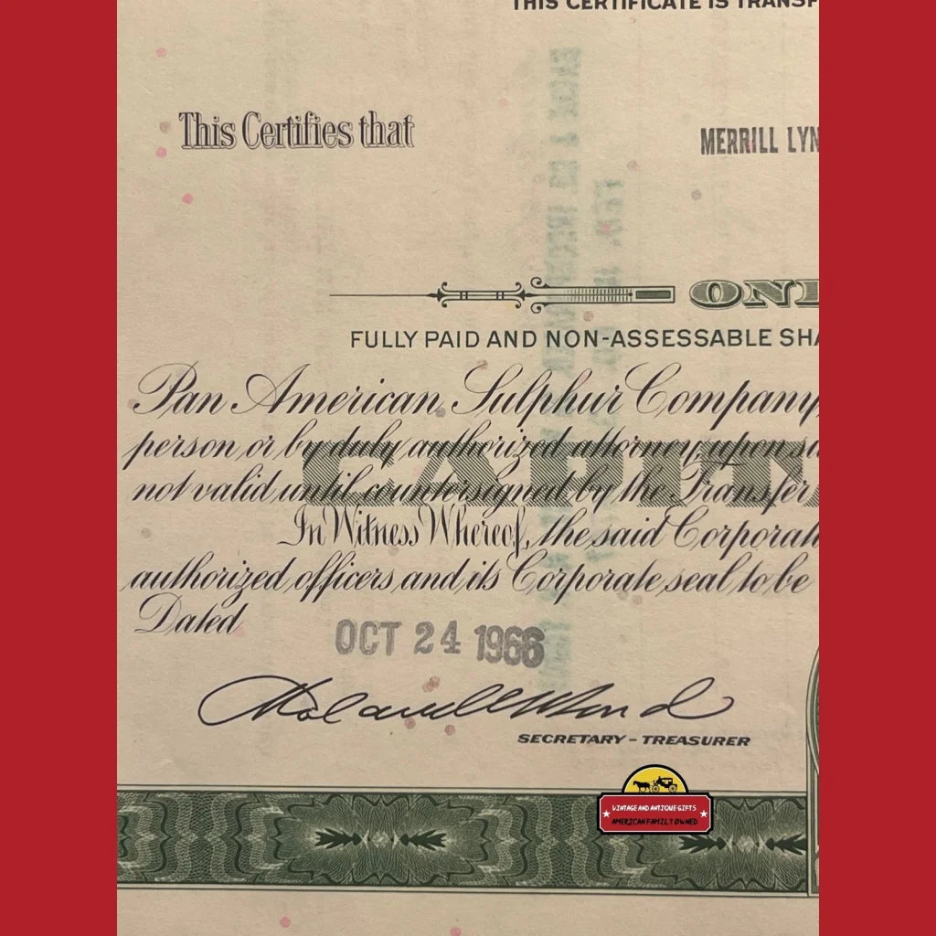 Vintage Pan American Sulphur Co. Stock Certificate Delaware 1960s Green