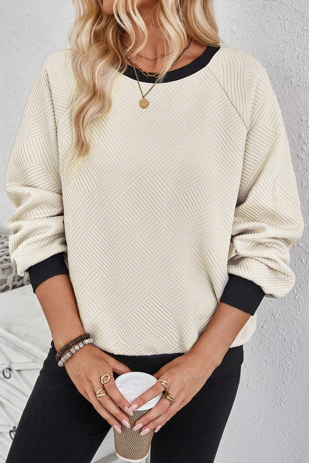 Texture Contrast Long Sleeve Sweatshirt - T - 1 COLOR -