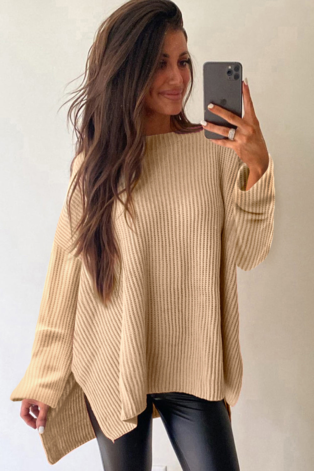 Side Slit Round Neck Long Sleeve Sweater - T - 1 COLOR -