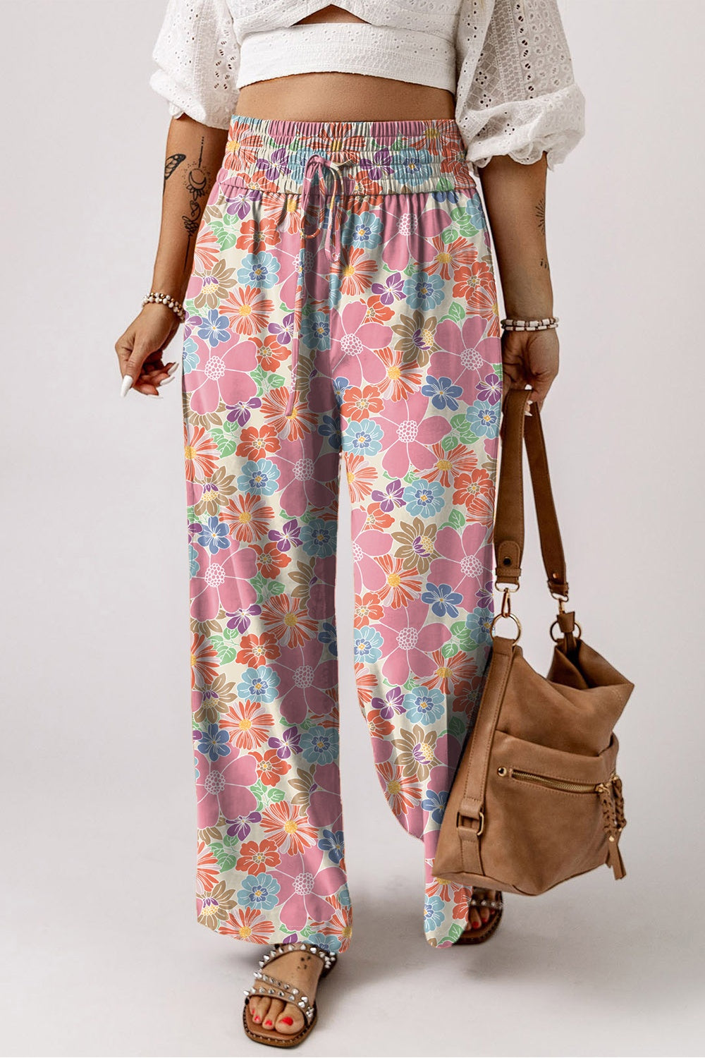 Drawstring Printed Wide Leg Pants - T - 1 COLOR -