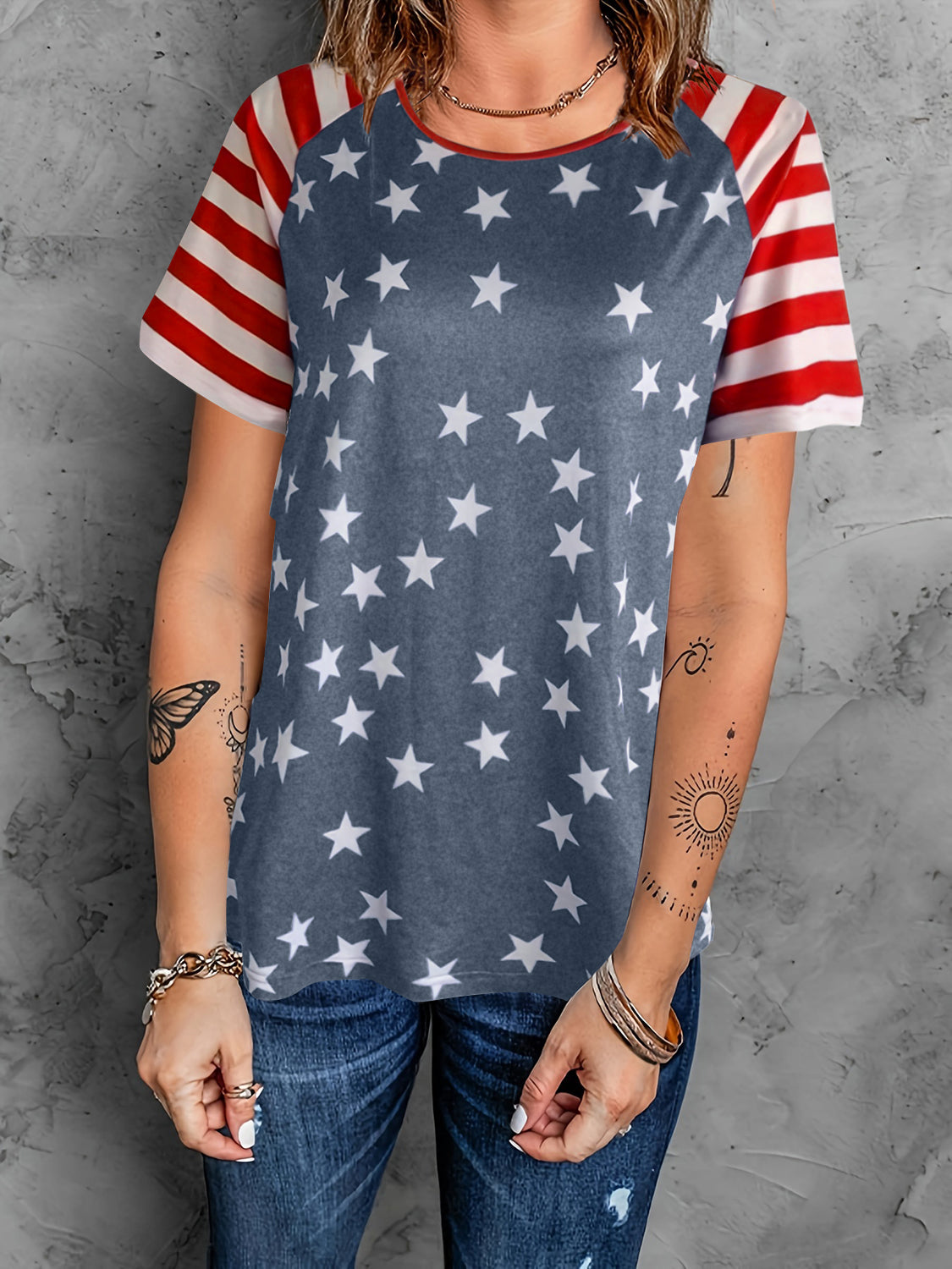 Full Size Star Striped Round Neck Short Sleeve T-Shirt - T - 3 COLORS -