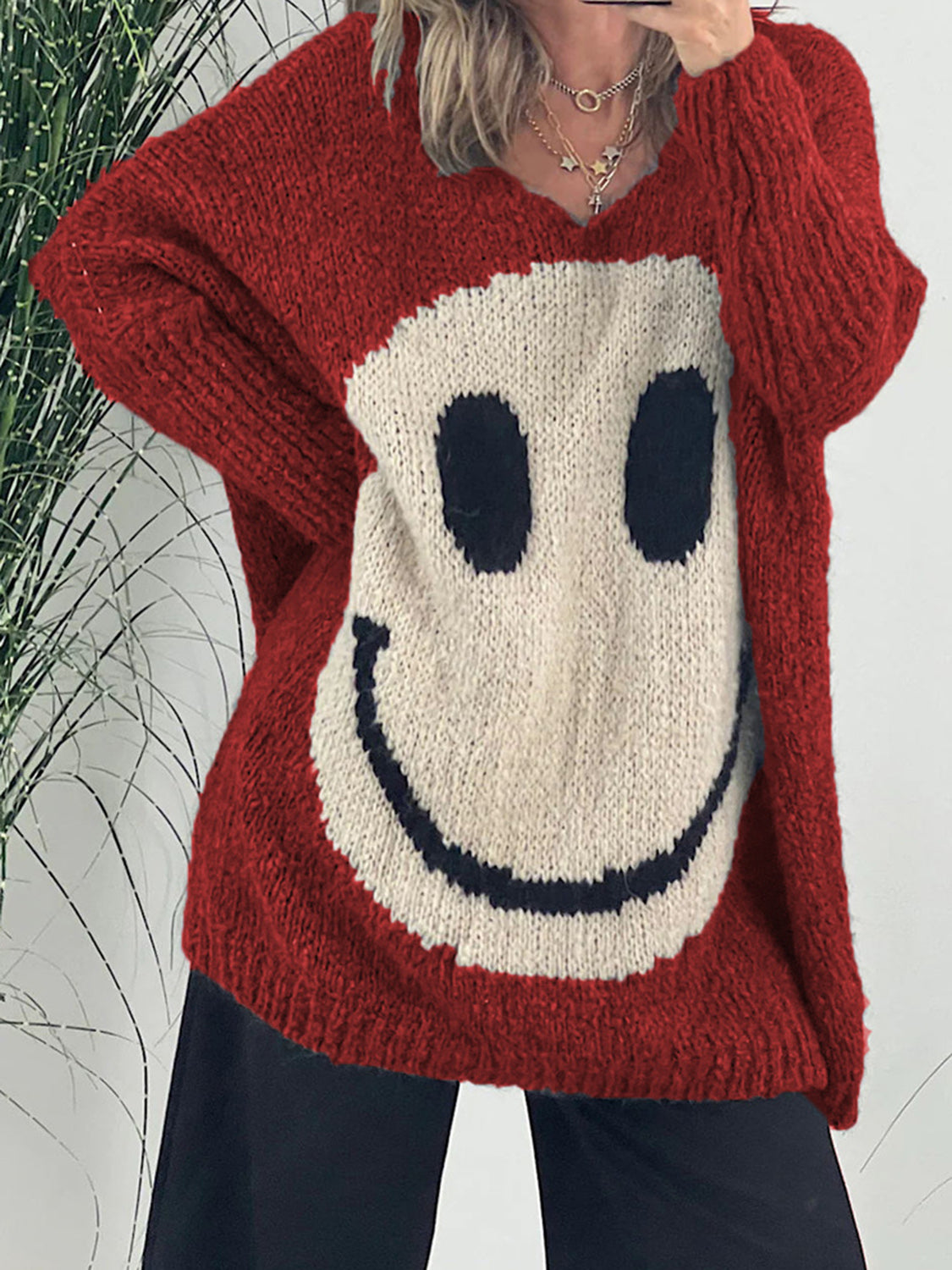 Smiling Face V-Neck Long Sleeve Sweater - 2 SIZE COMBOS - T - 7 COLORS -