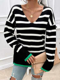 Thumbnail for Striped V-Neck Long Sleeve Knit Top - T - 4 COLORS -