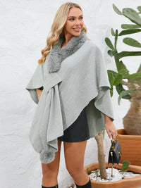 Thumbnail for Fuzzy Trim Open Front Poncho - ONE SIZE - T - 6 COLORS -