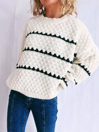 Thumbnail for Contrast Stripes Round Neck Long Sleeve Sweater - T - 2 COLORS -