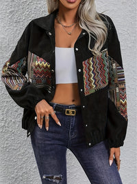 Thumbnail for Embroidered Collared Neck Snap Down Jacket - T - 1 COLOR -