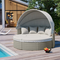 Thumbnail for Patio Furniture Round Outdoor Sectional Sofa Set Rattan Daybed Two-Tone Weave Sunbed With Retractable Canopy, Separate S