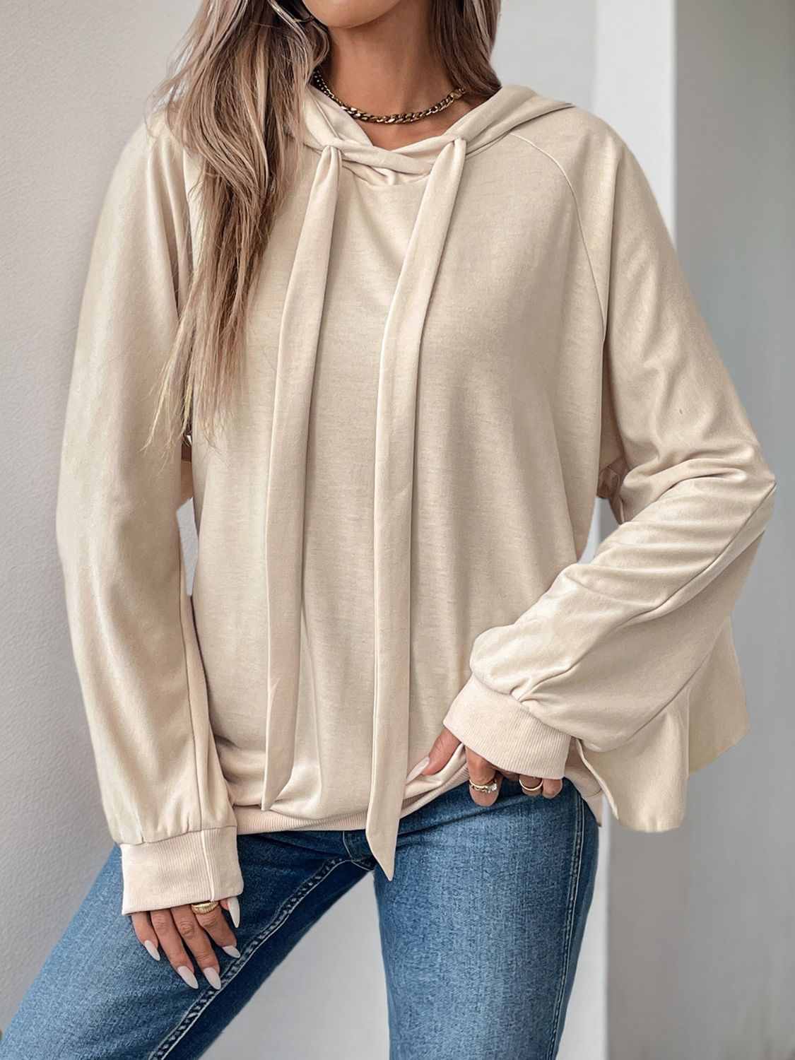 Perfee Drawstring Ruffled Long Sleeve Hoodie - T - 1 COLOR -