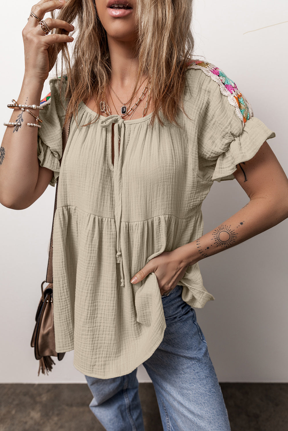 Embroidered Tie Neck Short Sleeve Blouse - K - 1 COLOR -