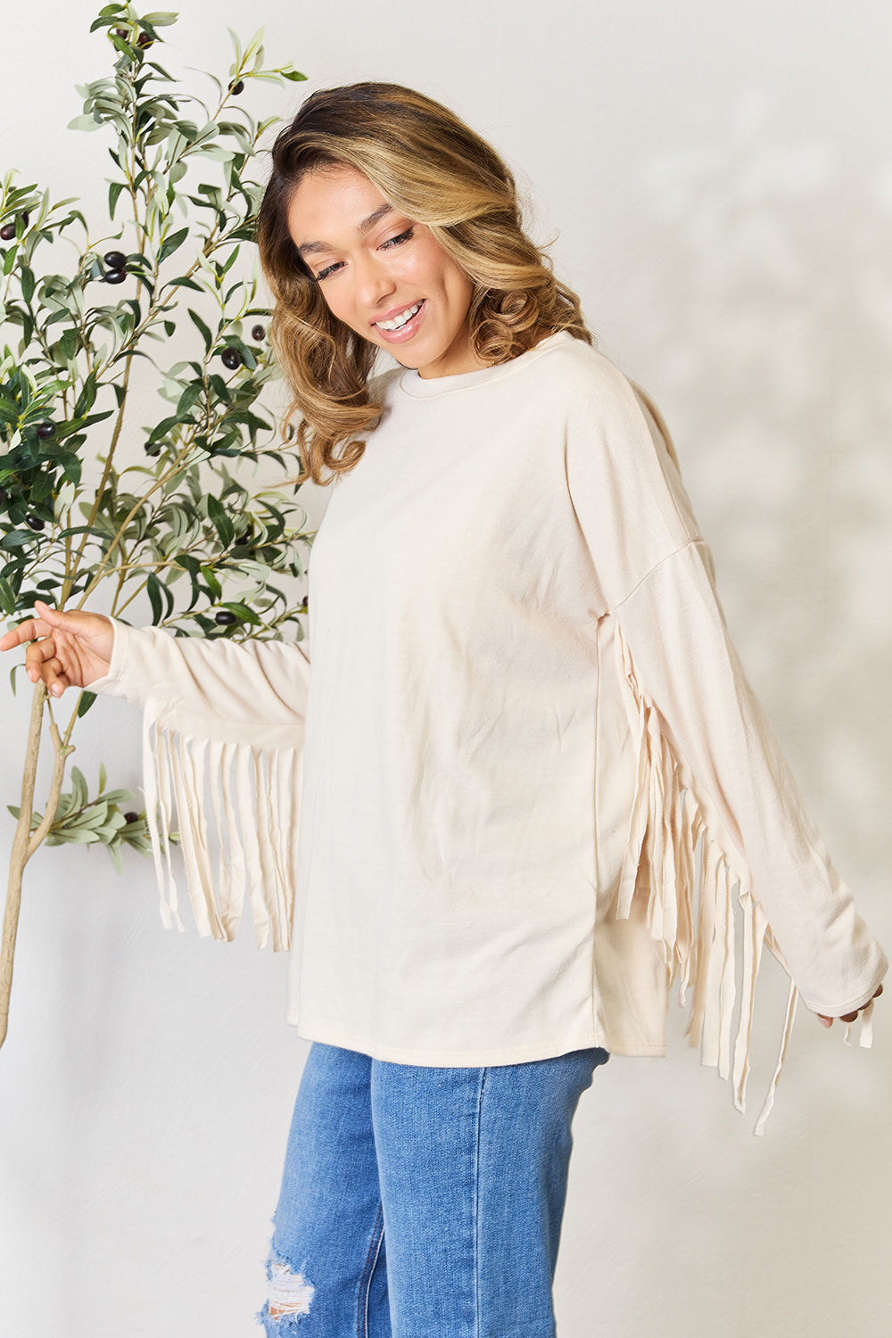 Celeste Full Size Fringe Detail Long Sleeve Blouse - SIZES S THRU 3 XL - T - 1 COLOR -