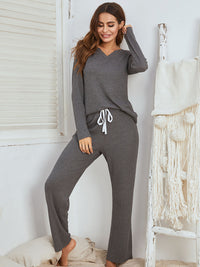 Thumbnail for Notched Long Sleeve Top and Pants Set - 2 PCS. - T - 3 COLORS -