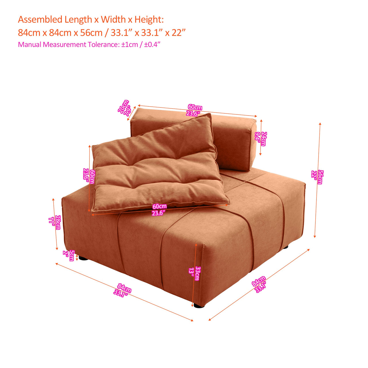 Modular Sectional Single Sofa,Armless Chair With Removable Back Cushion -33.1"For Living Room