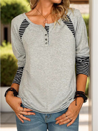 Thumbnail for Full Size Striped Quarter Button Long Sleeve T-Shirt - T - 6 COLORS -