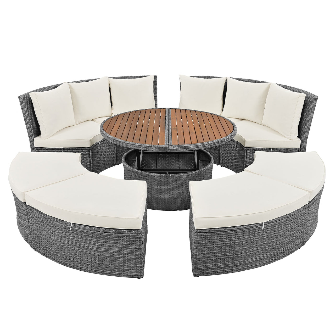 Patio 5-Piece Round Rattan Sectional Sofa Set All-Weather PE Wicker Sunbed Daybed With Round Liftable Table and Washable