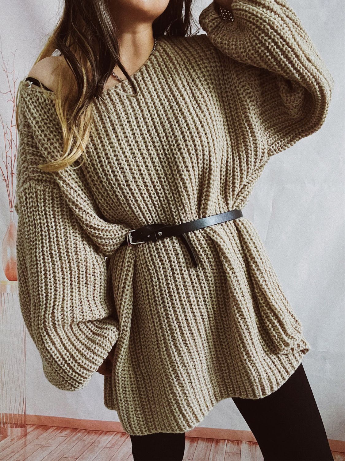 Boat Neck Long Sleeve Sweater with Belt - 2 PCS. - 1 LARGE OVERSIZE - T - 5 COLORS -