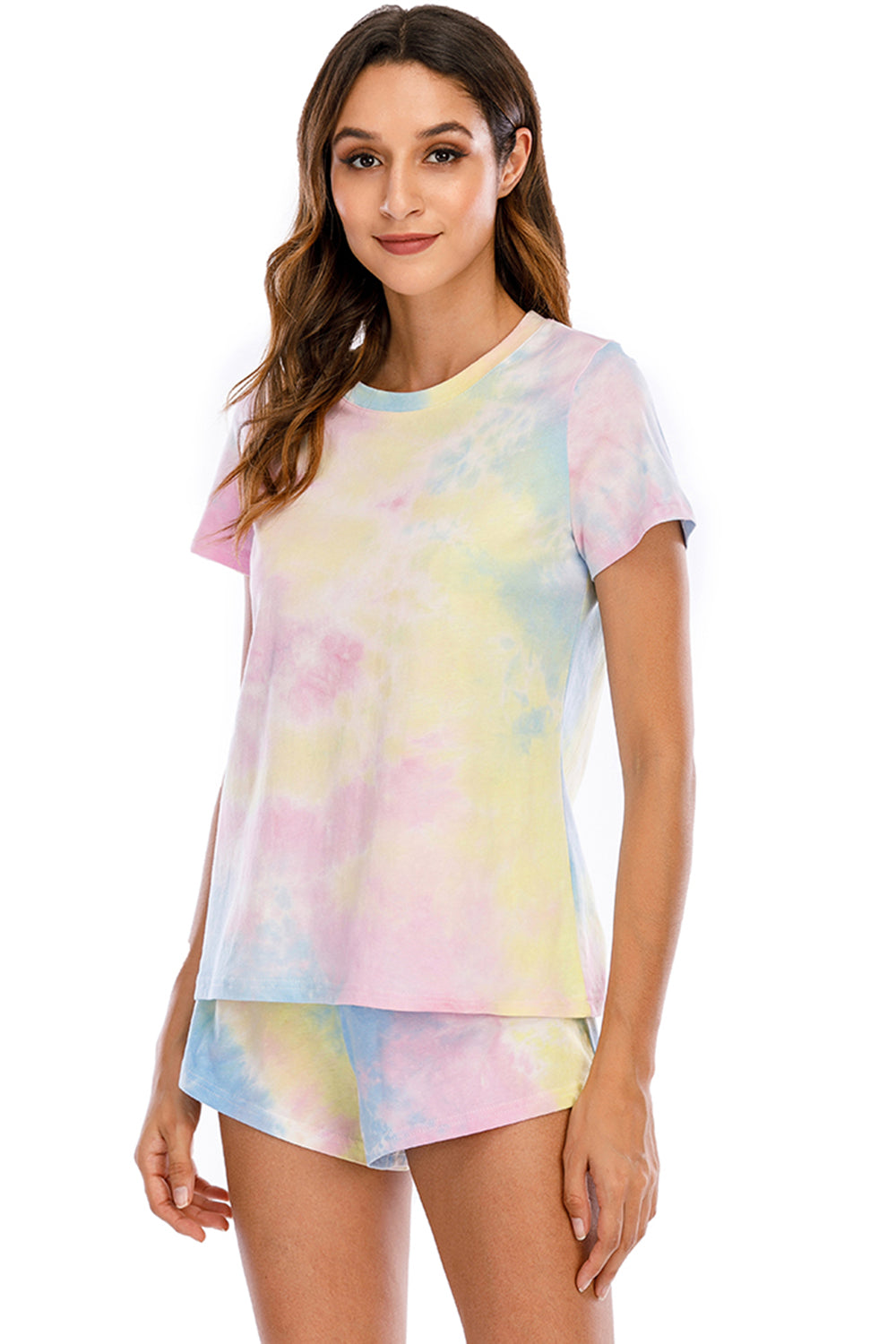 Tie-Dye Round Neck Short Sleeve Top and Shorts Lounge Set - 2 PCS. - T - 7 COLORS -